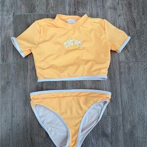 Rip curl Girls' Yellow Two-Piece Rash Guard Swim Set with White Trim